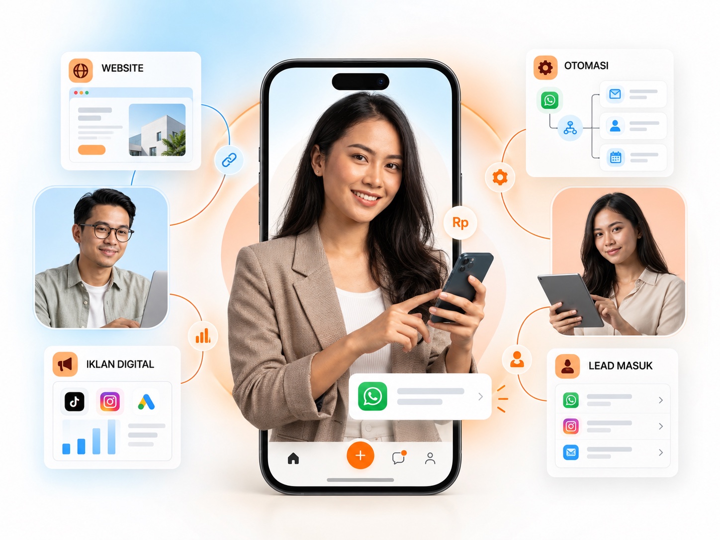 Tim bisnis Indonesia yang terhubung dengan layanan website, iklan digital, otomasi, dan pengelolaan prospek